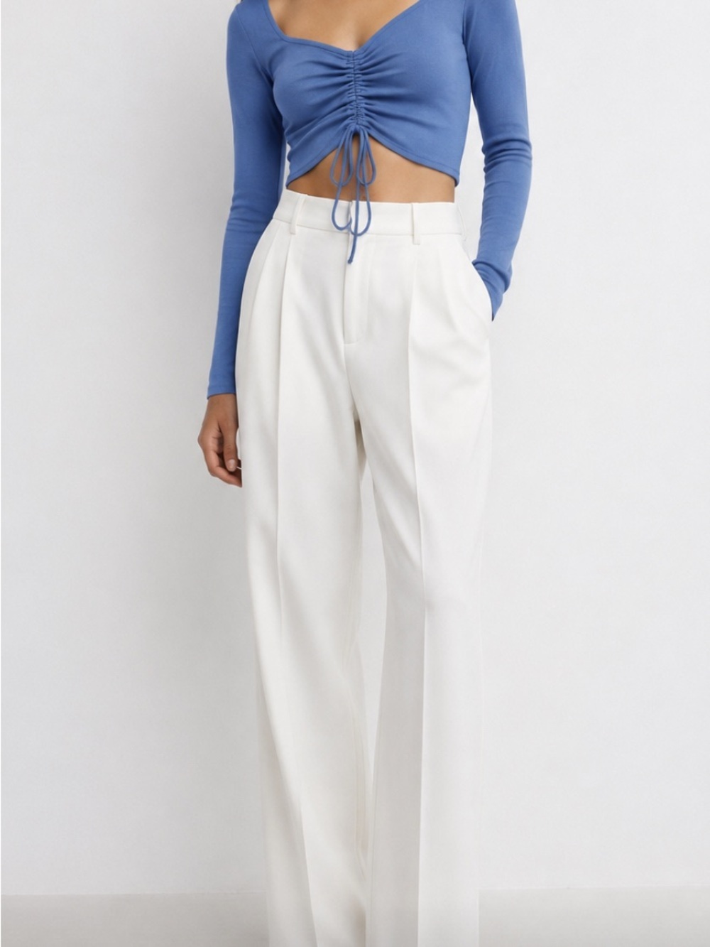 Zara Blue Ruched Tie-Front Long Sleeve Crop Top